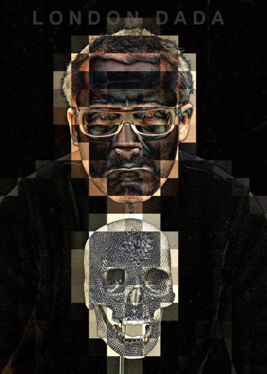 British artist Damien Hirst poses with a diamond-encrusted platinum skull, in London